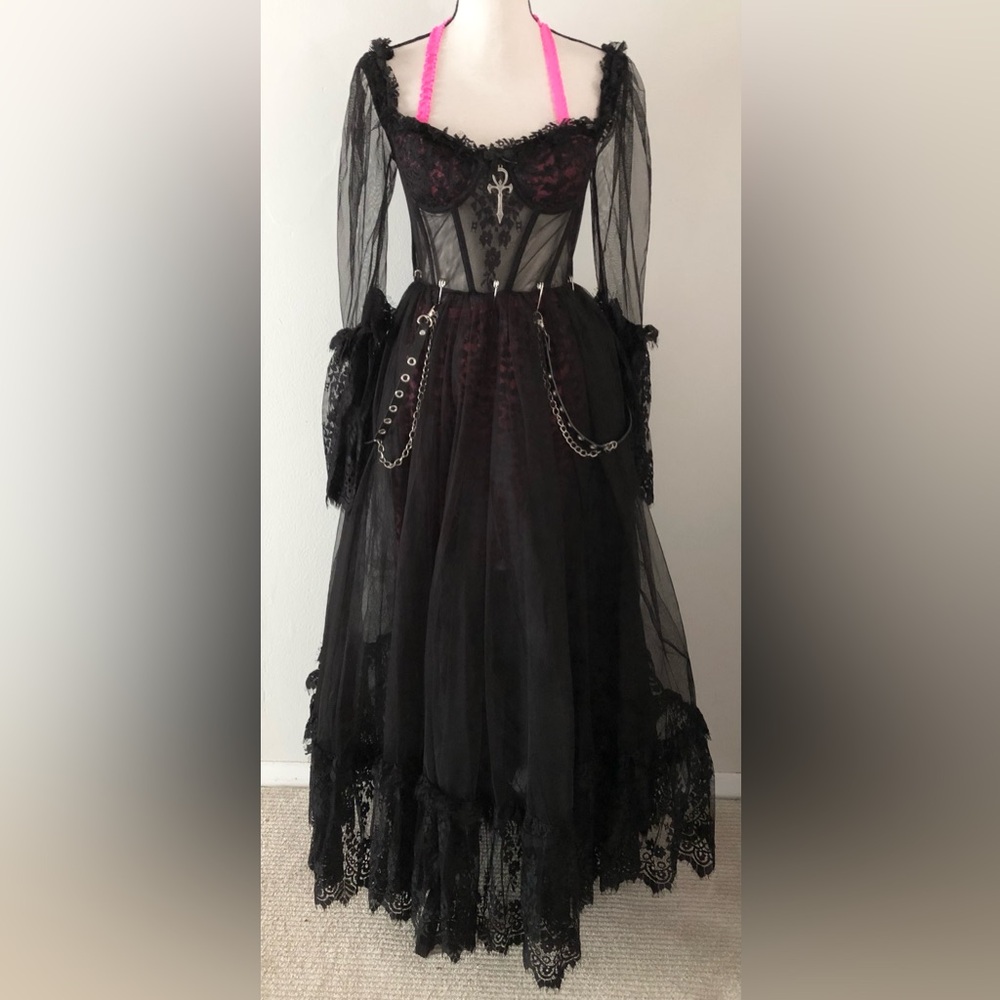 🔥Dolls Kill Widow Black Lace Corset Maxi Dress Goth Costume Halloween CUSTOM